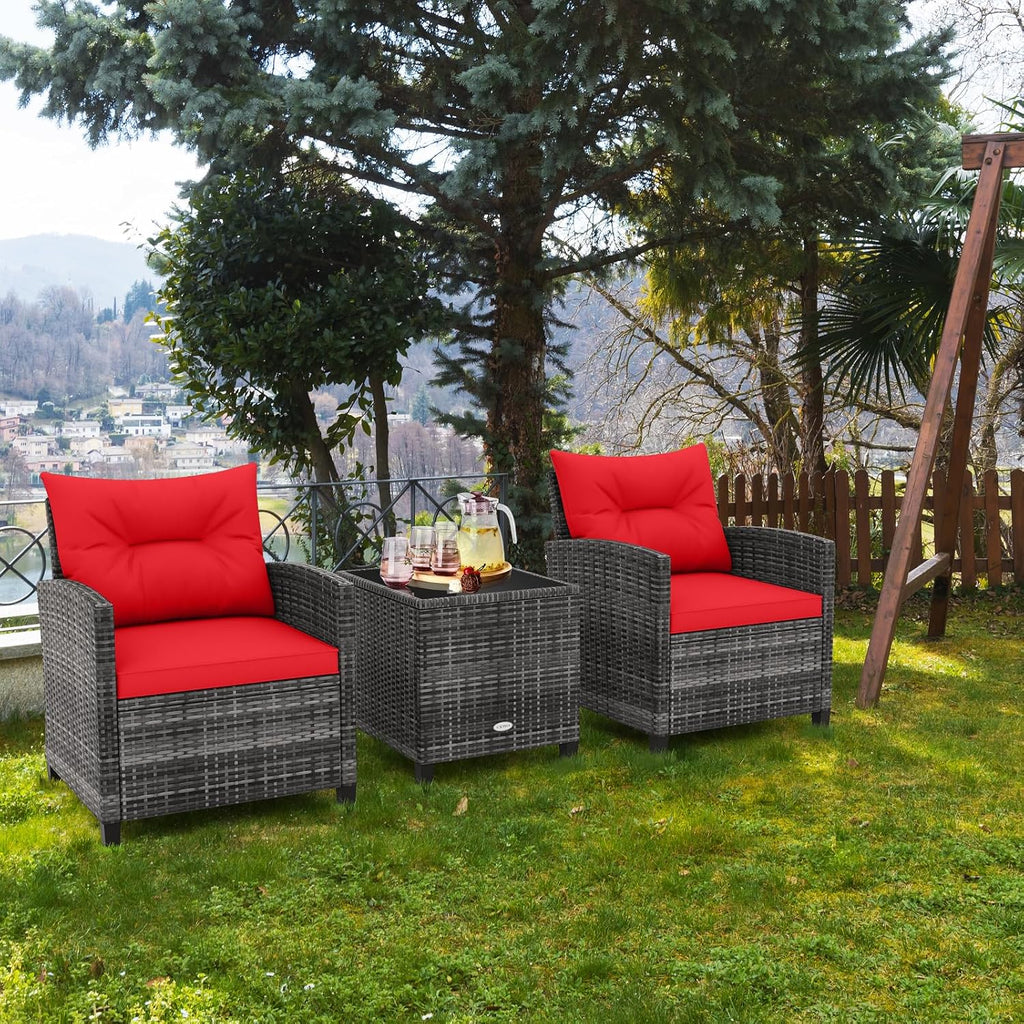 RELAX4LIFE Wicker Patio Furniture Sets - 3 Pieces Rattan Sofa Set, Outdoor Conversation Set with Tempered Glass Tabletop, Heavy-Duty Steel Frame, Wicker Chair Set for Poolside, Backyard (Grey-Red)