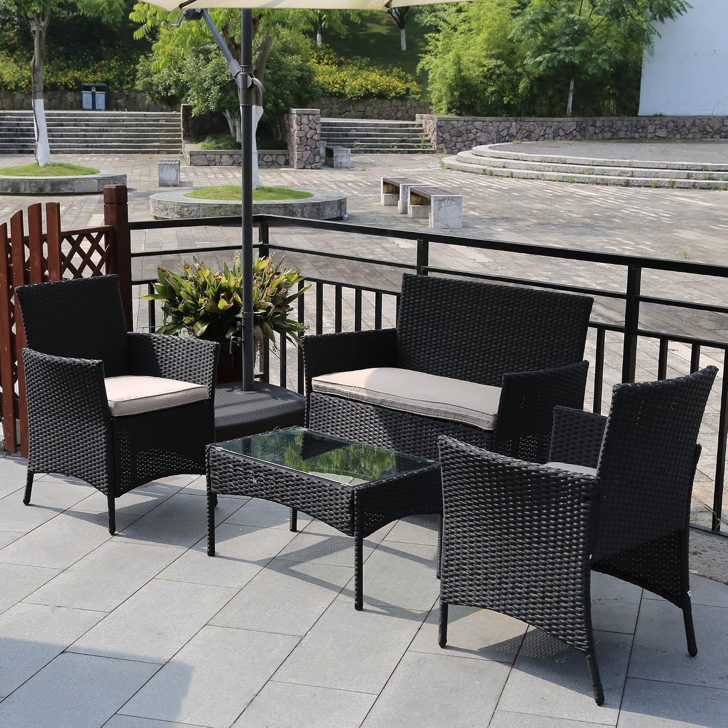 PayLessHere 4 Pieces Patio Furniture Set Rattan Outside Furniture Wicker Sofa Garden Conversation Sets with Soft Cushion and Glass Table for Yard Pool or Backyard,Black