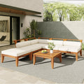 Merax 6 Pieces Patio Furniture Set, Outdoor L-Shaped Sectional Sofa Set with Coffee Table, Acacia Wood Conversation Seating & Cushions and Lumbar Pillows, for Garden, Poolside and Backyard, Teak+Beige
