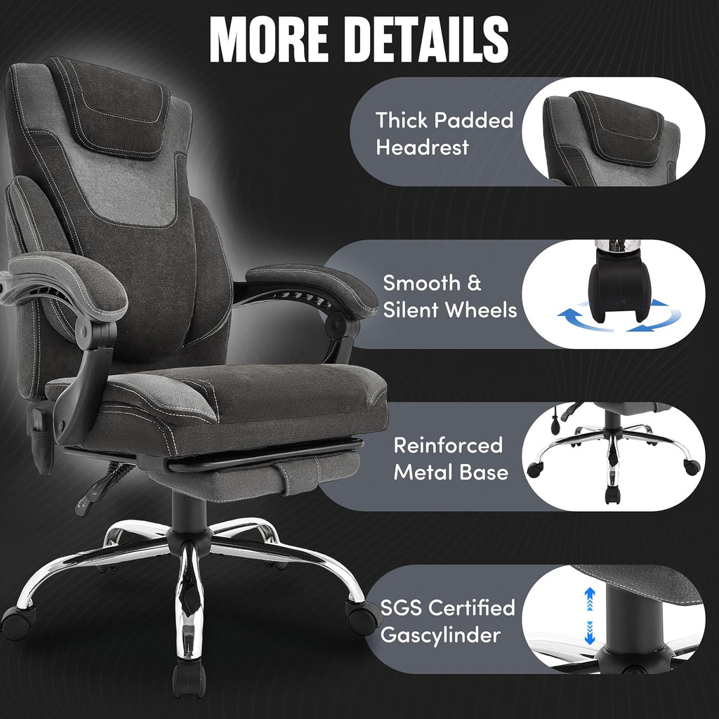 Massage Office Chair, Big and Tall Office Chair with Footrest, Ergonomic Executive Desk Chair with Extra Wide Seat, High Back&Padded Armrests, Reclining Fabric Computer Chairs, BlackGrey
