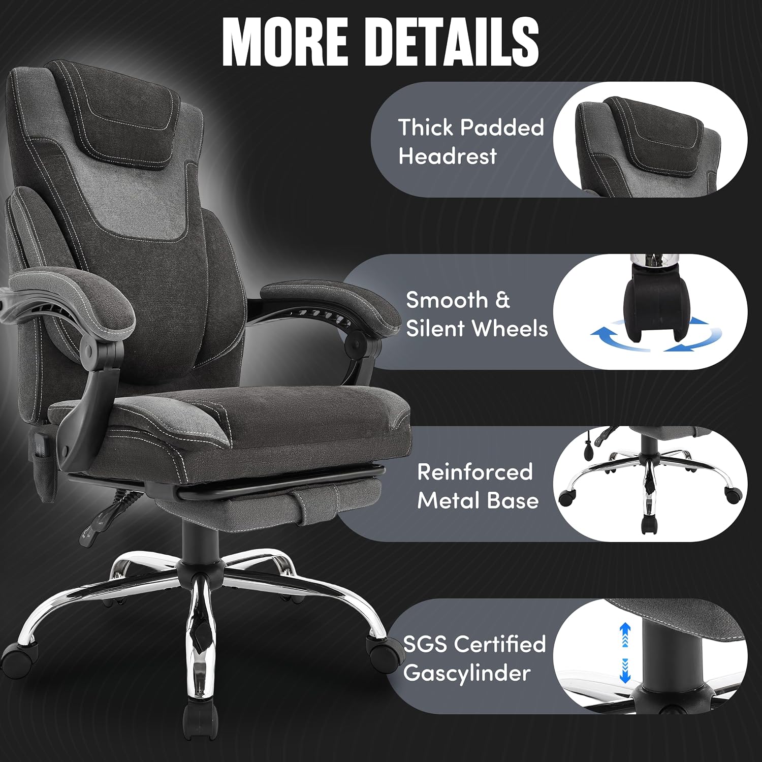 Massage Office Chair with Footrest,6-Point Vibration and Heat Executive Office Chairs,Ergonomic Desk Chair for Heavy People,500LBS Big and Tall Fabric Office Chair,Reclining Managerial Chair,Blackgrey
