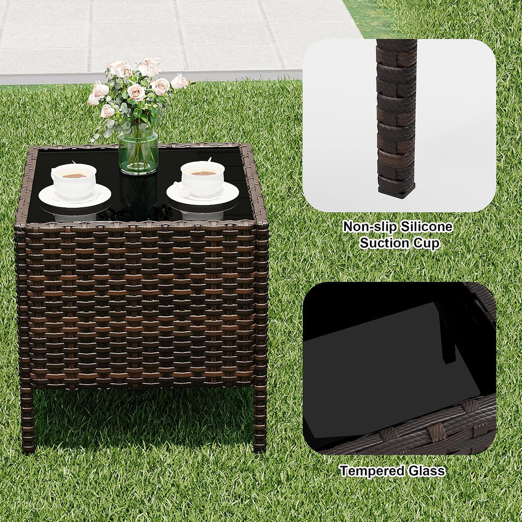 3 Piece Patio Furniture Set, Outdoor Patio Wicker Sofa Set with Upholstery and Glass Table, All Weather Conversation Rattan Sofa for Lawn, Pool, Backyard, Garden, Porch, Brown