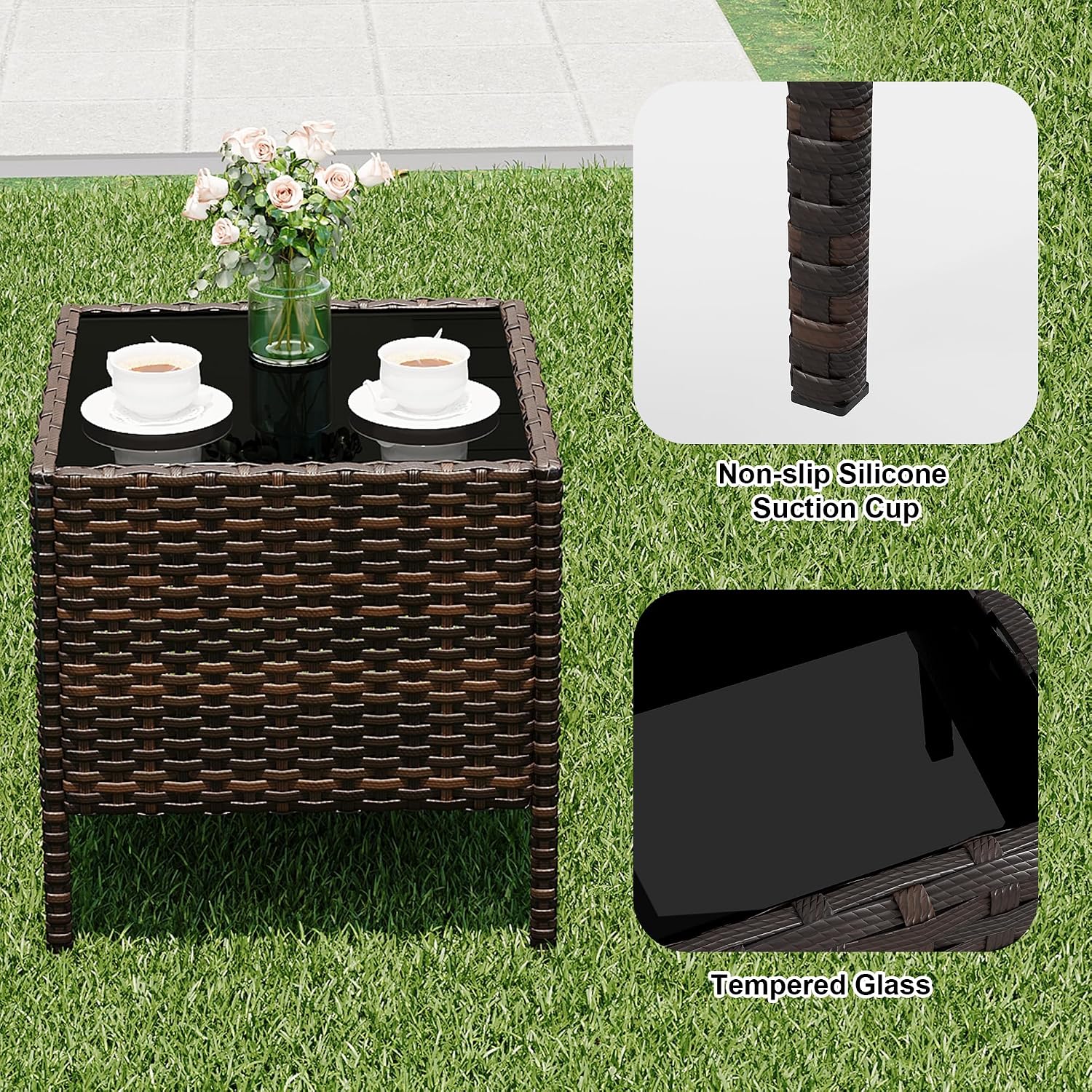 3 Piece Patio Furniture Set, Outdoor Patio Wicker Sofa Set with Upholstery and Glass Table, All Weather Conversation Rattan Sofa for Lawn, Pool, Backyard, Garden, Porch, Brown