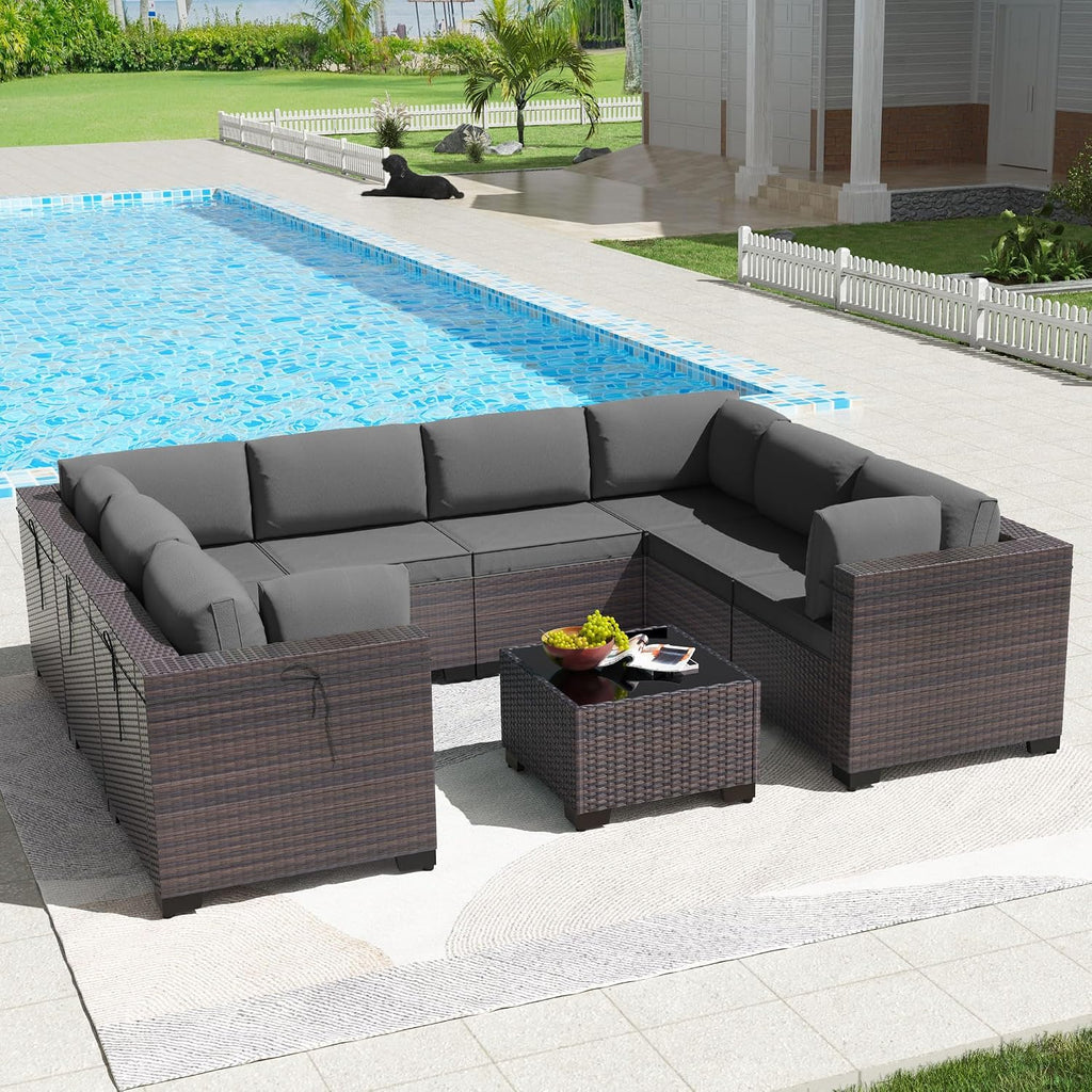 Kullavik 9PCS Outdoor Patio Furniture Set PE Wicker Rattan Sectional Sofa Patio Conversation Sets,Grey