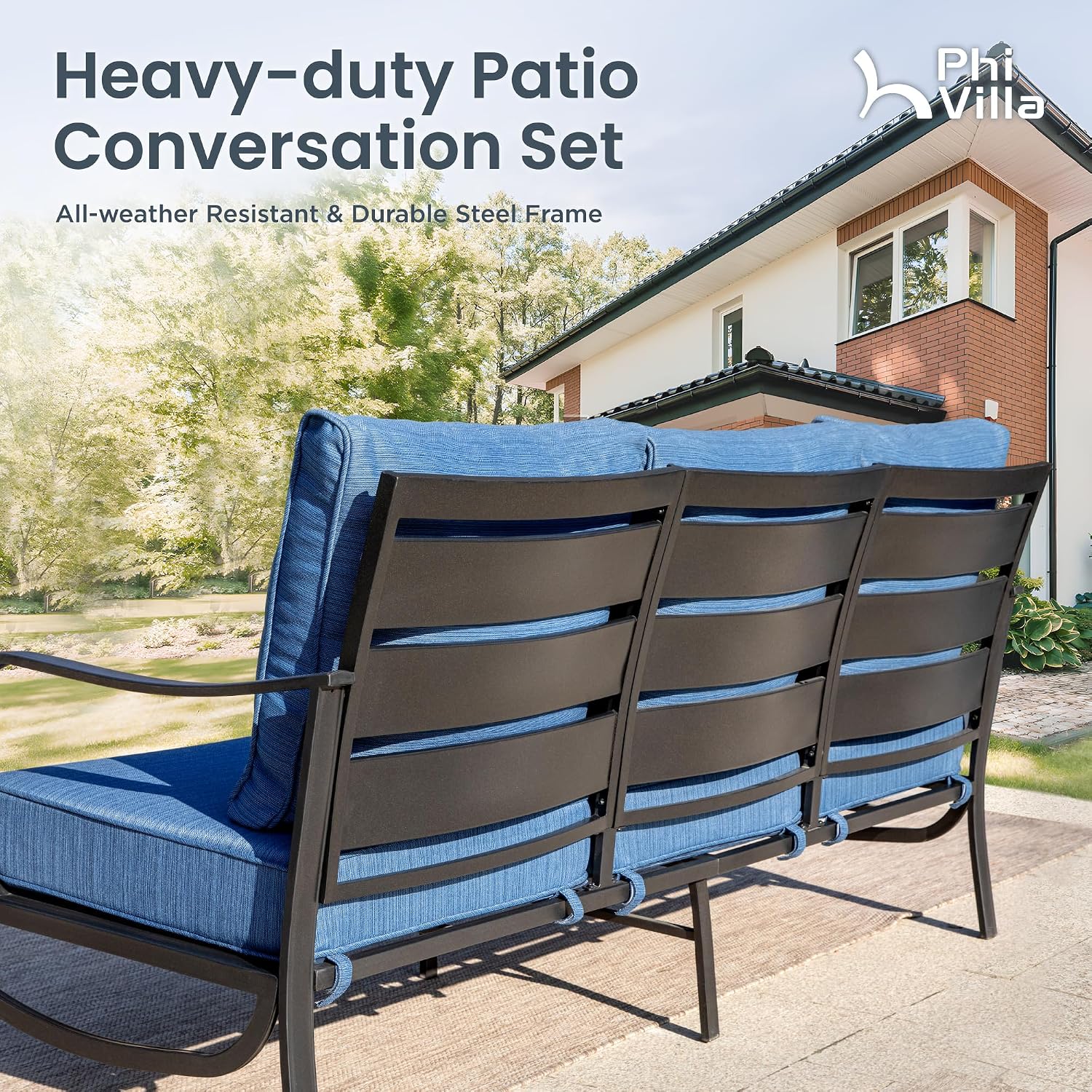 PHI VILLA 4 PCS Patio Furniture Sets for 5 Person with 1 x 3-Seat Deep Seating Bench, 2 x Cushioned Swivel Sofa Chairs & 1 x Coffee Table, Outdoor Metal Conversation Set for Lawn Garden, Peacock Blue