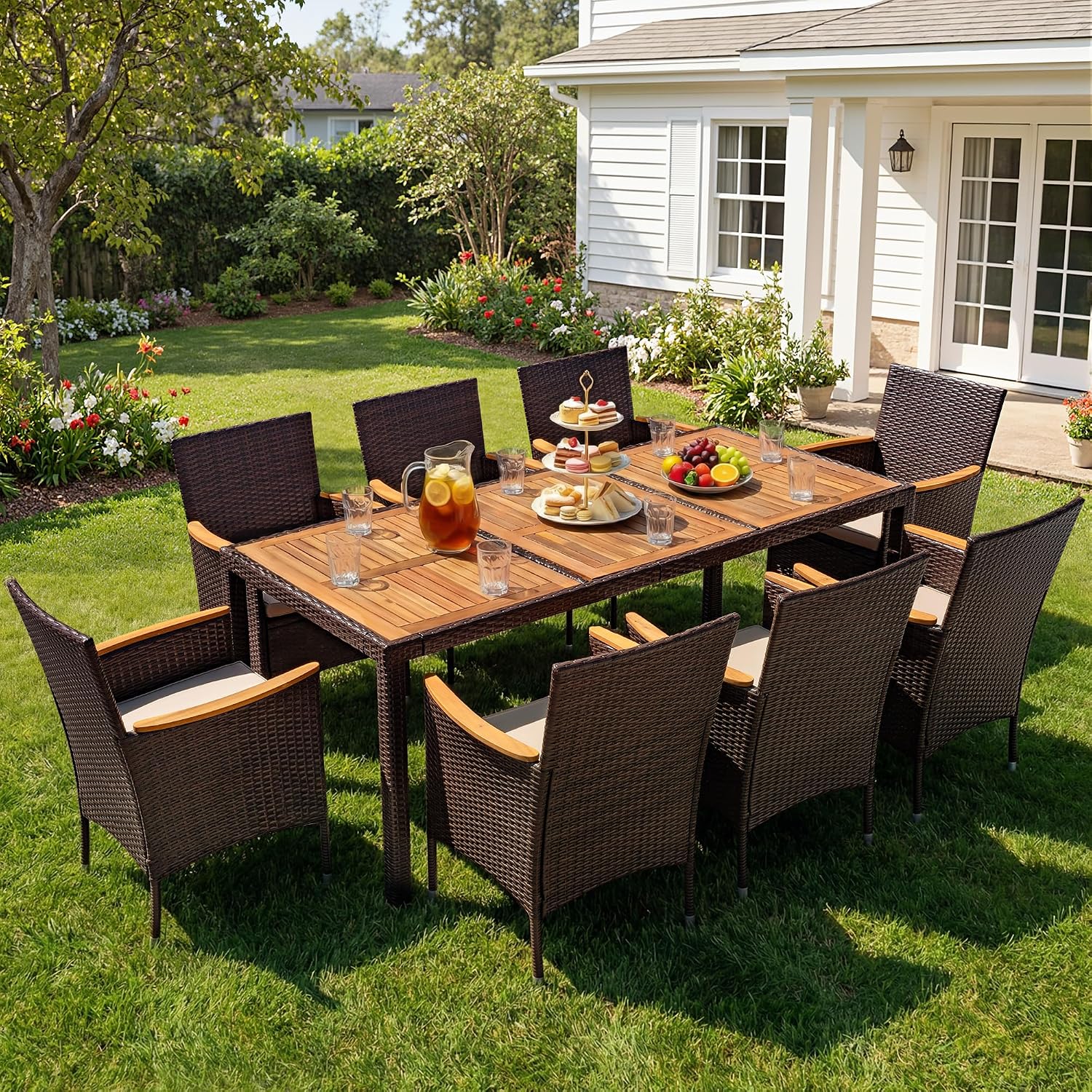 Devoko Outdoor Patio Dining Sets 9 Pieces Wicker Outdoor Dining Table and Chairs Set with Acacia Wood Table Top and Widened Armrests for Backyard, Garden, Deck (Brown)