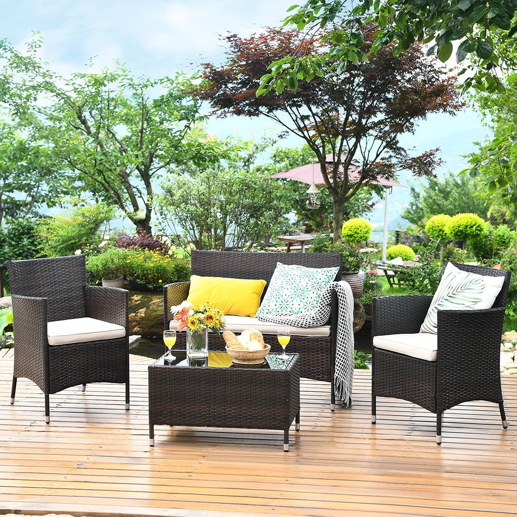 COSTWAY 4PCS Rattan Patio Furniture Set, Outdoor Wicker Rattan Chairs with Coffee Table, Rattan Cushioned Conversation Set for Backyard Balcony Porch Poolside, Brown