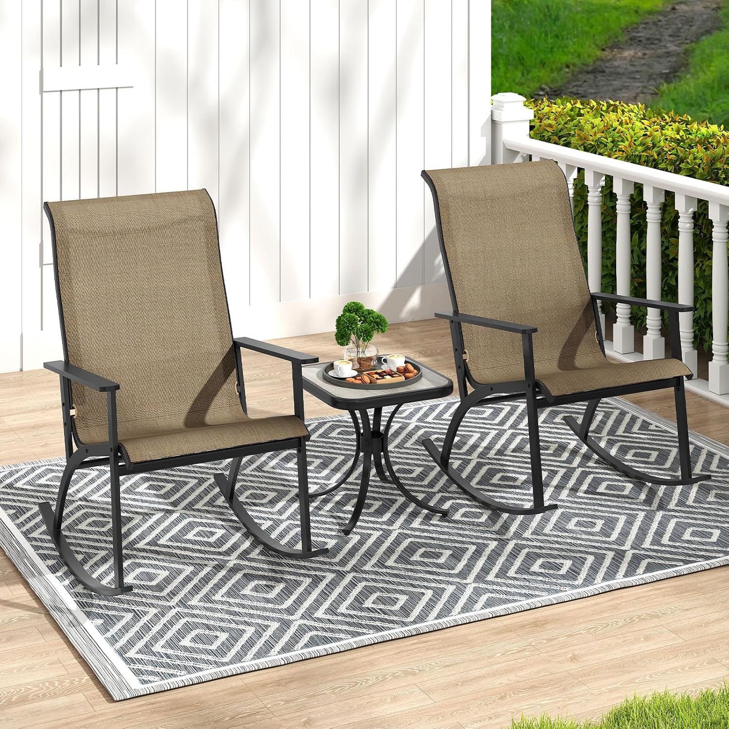 Giantex 3 Piece Rocking Bistro Set, Outdoor Patio Furniture Set with 2 Rocking Chairs & Coffee Table, Cozy Armrests, Heavy-Duty Metal Frame, for Balcony, Porch, Yard, Poolside (Brown)