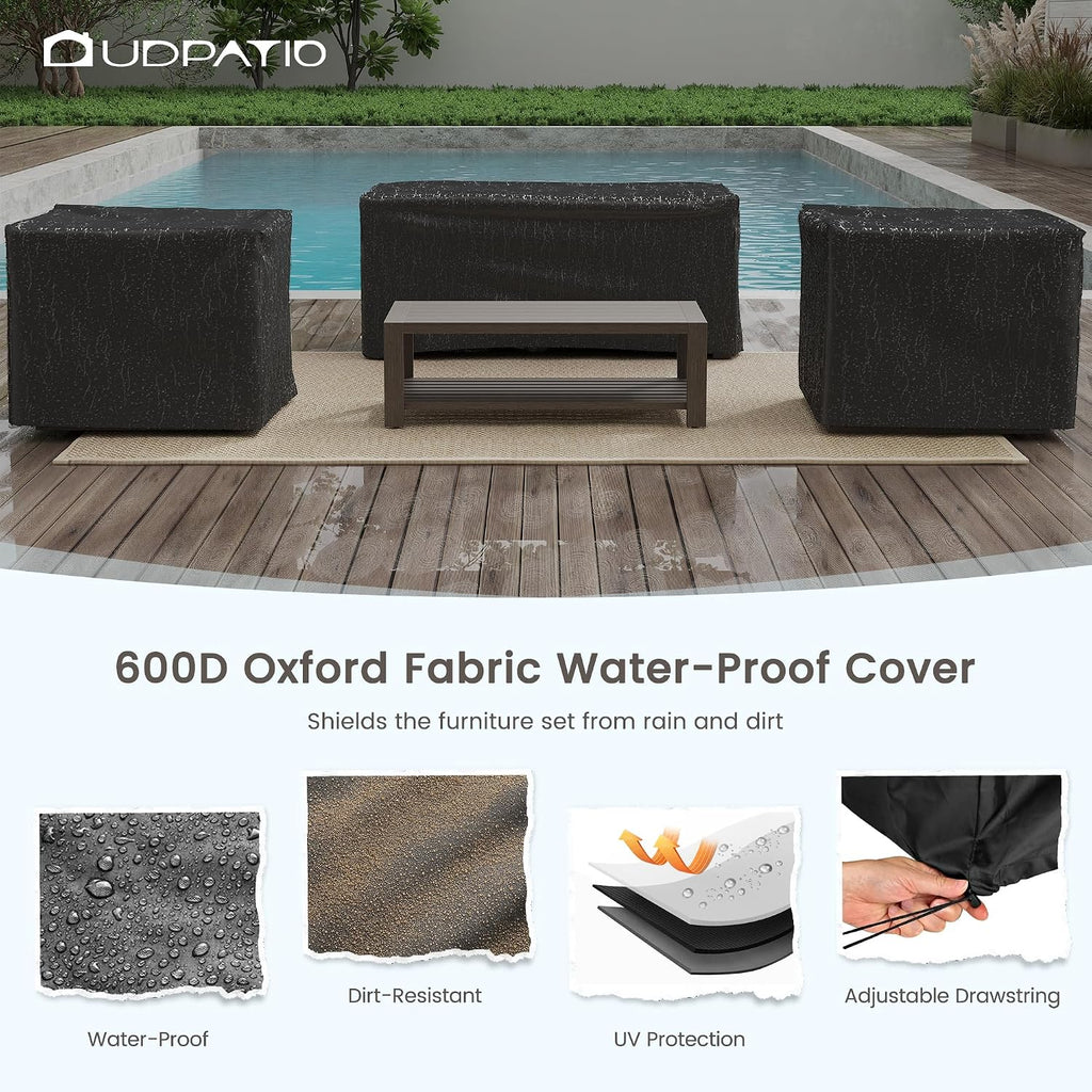 UDPATIO Aluminum Patio Furniture Set, Faux Wood Grain Modern Outdoor Furniture, 6' Cushions Metal Patio Conversation Sofa with Coffee Table for Poolside Deck, 5 PCS, Beige(Include 600D Covers)