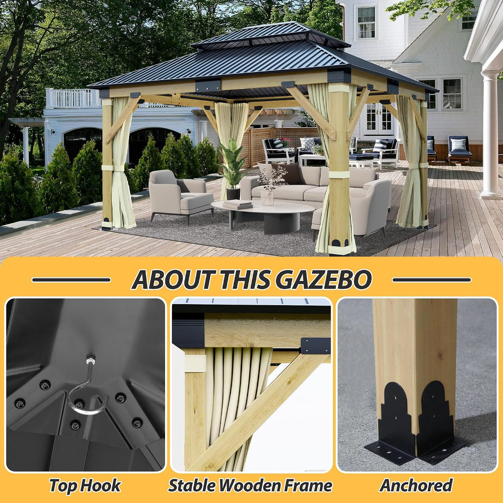 11'x13' Wood Gazebo, Hardtop Cedar Gazebos with Double Roof Galvanized Steel Top, Outdoor Solid Wooden Pavilion with Curtain & Netting for Garden, Patio, Deck, Backyard