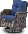 Belord Patio Furniture Swivel Glider PE Wicker Chairs, Outdoor Swivel Rocker Seating with Cushions for Porch Deck Balcony, Brown Wicker Blue Cushion