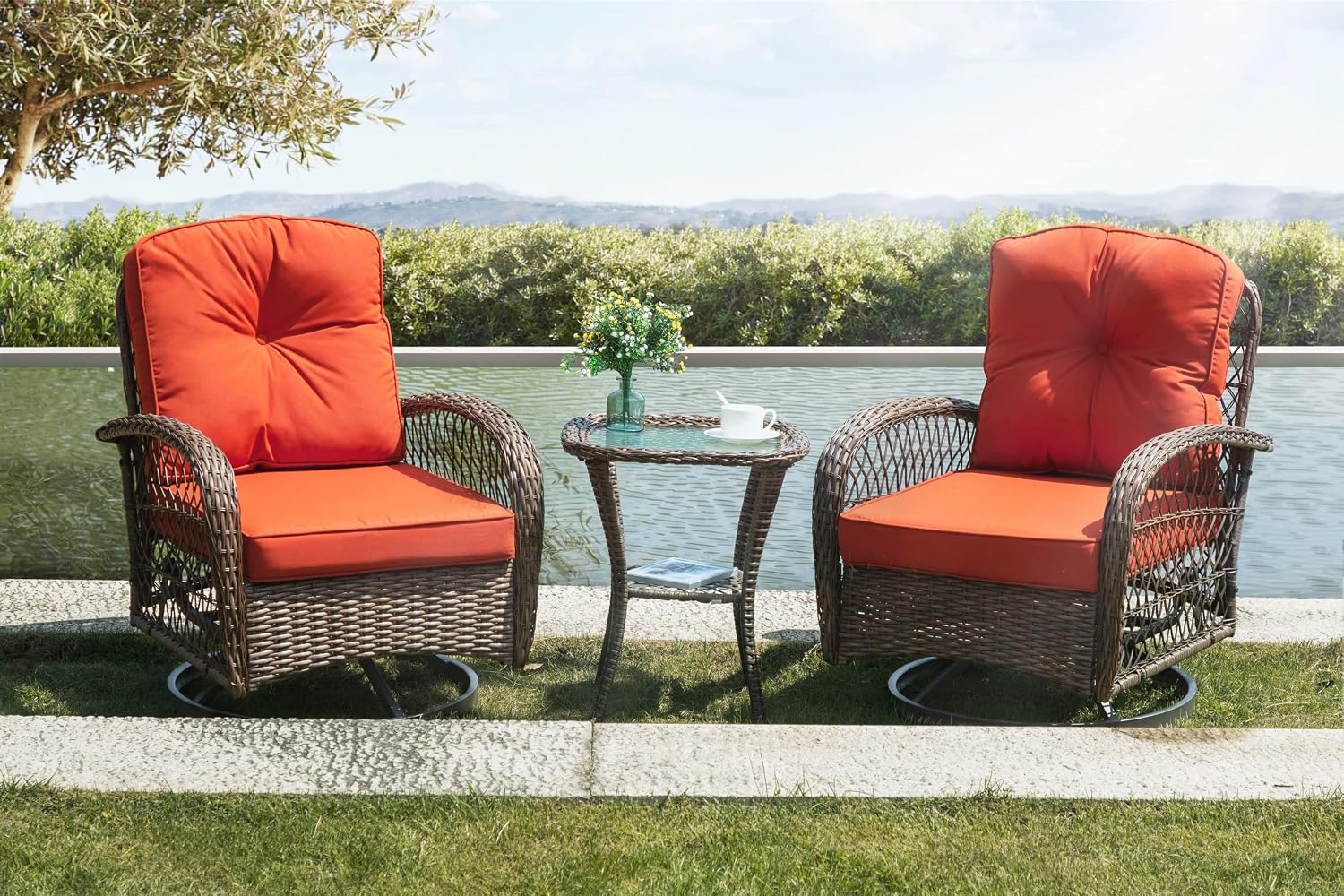 SHA CERLIN 3 Pieces Patio Furniture Set, Outdoor Swivel Glider Rocker, Wicker Patio Bistro Set with Rocking Chair, Cushions and Table (Red)