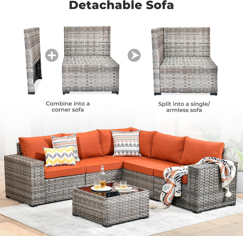 ovios 6 Pieces Patio Furniture Set, Outdoor Wicker Sectional Sofa with Coffee Table Comfy Cushions, Modern Modular Deep Seat Couch Rattan Conversation Set, Orange Red