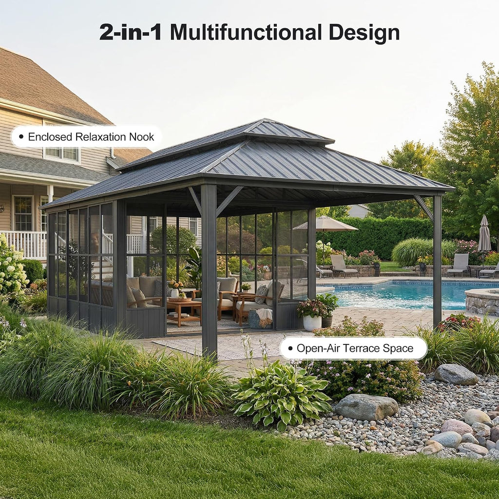 PURPLE LEAF Sunroom Solarium Screened Gazebo 12' x 24', Enclosed Gazebo with Mesh & Removable PC Panels, Magnetic Sliding Doors, Aluminum Frame for Outdoor Living Space, Backyard Lounge & Dining