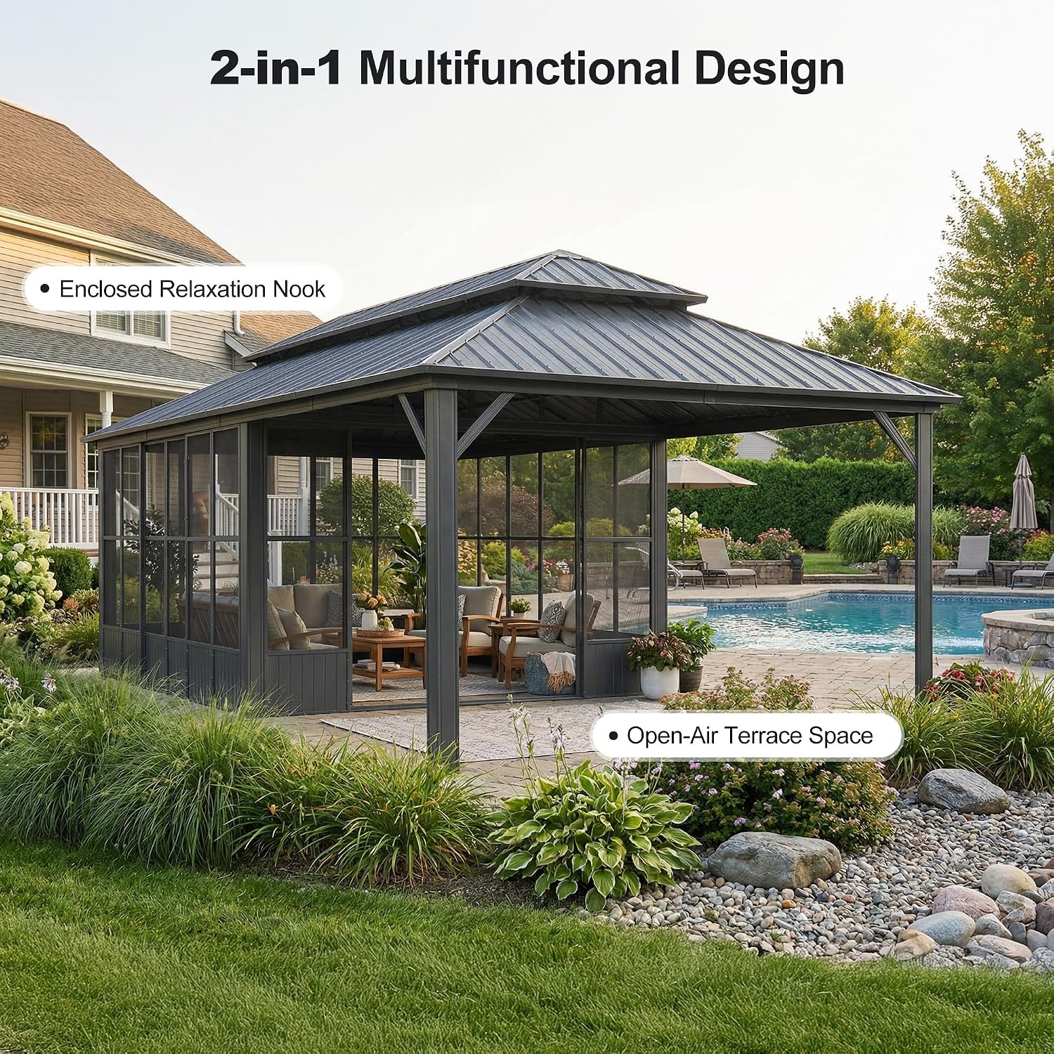 PURPLE LEAF Sunroom Solarium Screened Gazebo 12' x 24', Enclosed Gazebo with Mesh & Removable PC Panels, Magnetic Sliding Doors, Aluminum Frame for Outdoor Living Space, Backyard Lounge & Dining
