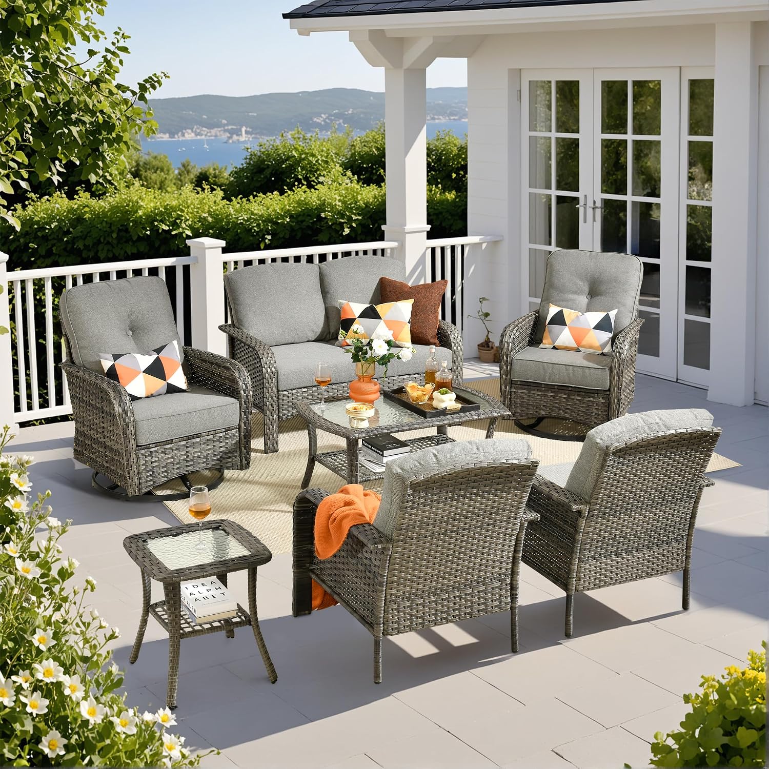 Weaxty 7 Pieces Patio Furniture Set with Swivel Chairs, Wicker Outdoor Furniture High Back Sofa Loveseat Coffee Table Rocking Chair, Rattan Patio Conversation Sets for Deck Backyard Porch, Dark Gray