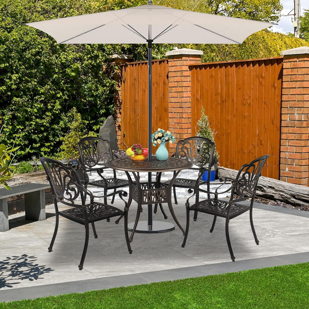 VINGLI 5 Pieces Outdoor Patio Dining Set, Cast Aluminium Patio Furniture Set with 4 Chairs and 1 Umbrella Table for Yard, Garden, Porch and Poolside, Bronze