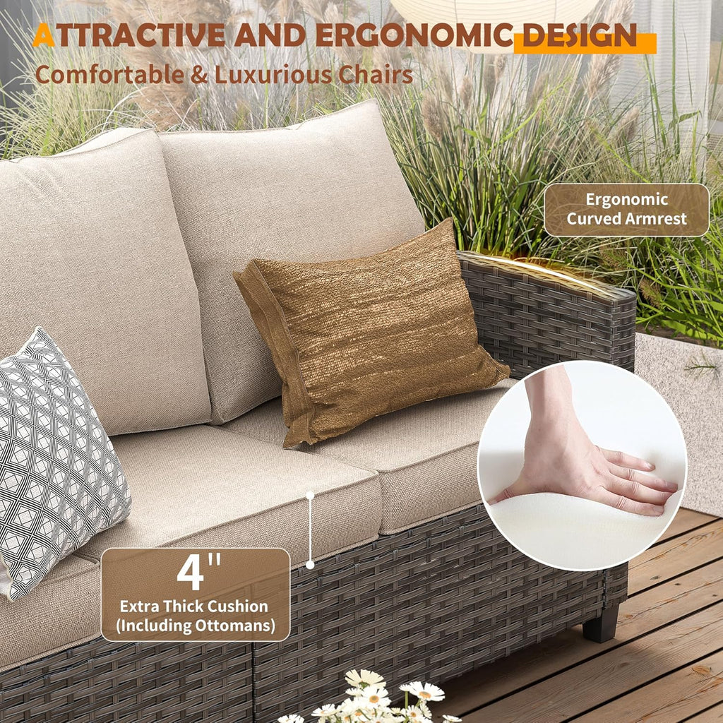 UDPATIO Patio Furniture Set, 6 Pieces Outdoor Sectional Couch, Gray Wicker Rattan Conversation Sofa with Swivel Rocking Chair, 4' Thick Cushion for Garden Backyard Deck, Khaki