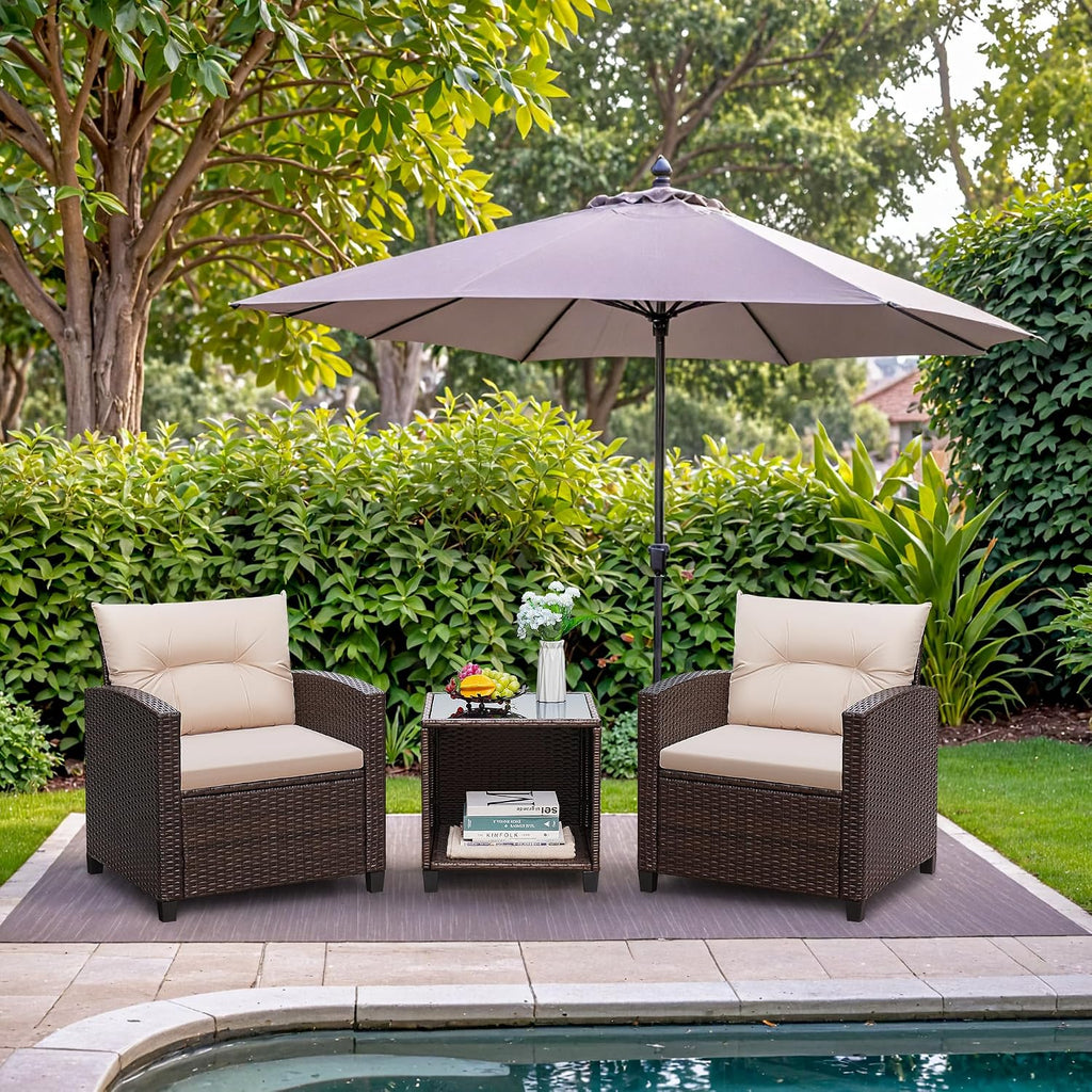 Greesum 3 Pieces Patio Furniture Sets Outdoor PE Rattan Wicker Chairs with Soft Cushion and Glass Coffee Table for Garden Backyard Porch Poolside, Beige