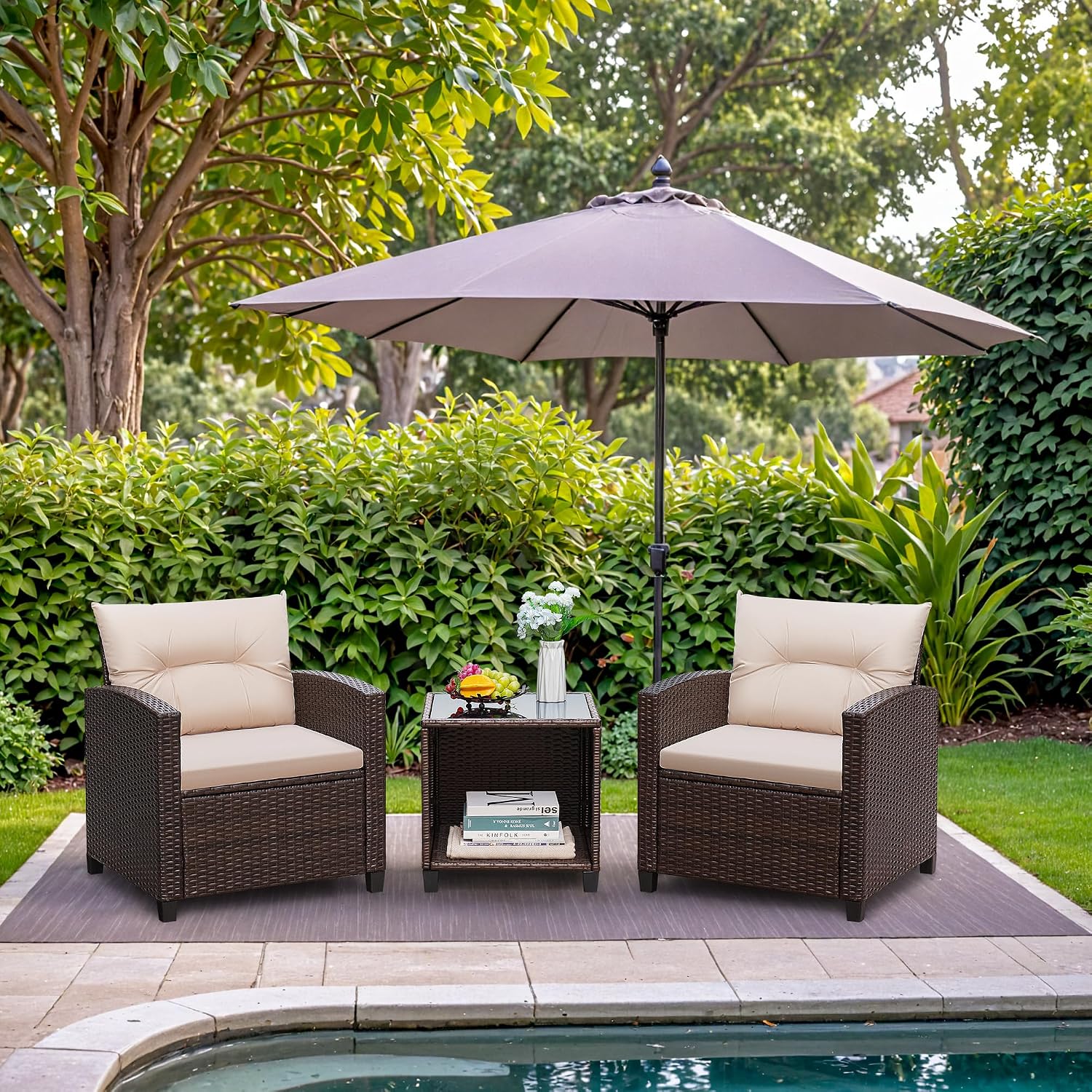 Greesum 3 Pieces Patio Furniture Sets Outdoor PE Rattan Wicker Chairs with Soft Cushion and Glass Coffee Table for Garden Backyard Porch Poolside, Beige
