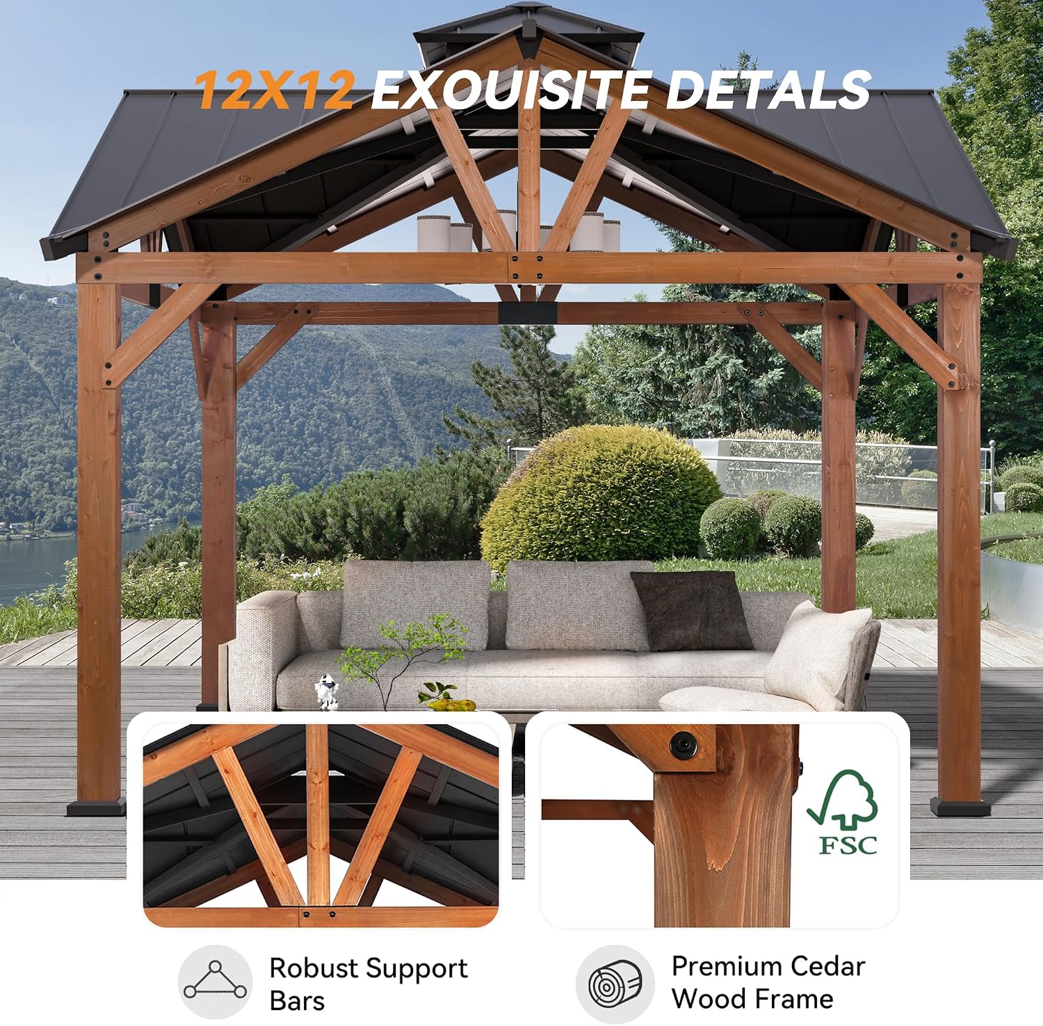 Modern Shade Cedar Wood Gazebo 12' x 12', Heavy Duty Hardtop Gazebo with Steel Roof, Water Resistant, Wind Resistant, Solid Wood Framed Pavilion, Perfect for Your Permanent Outdoor Pavilion