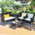 Tangkula 4 Piece Patio Furniture Set, Outdoor Wicker Conversation Set with Tempered Glass Coffee Table, Rattan Loveseat & Chairs Set with Seat Cushions for Backyard, Garden, Poolside (1, Beige)