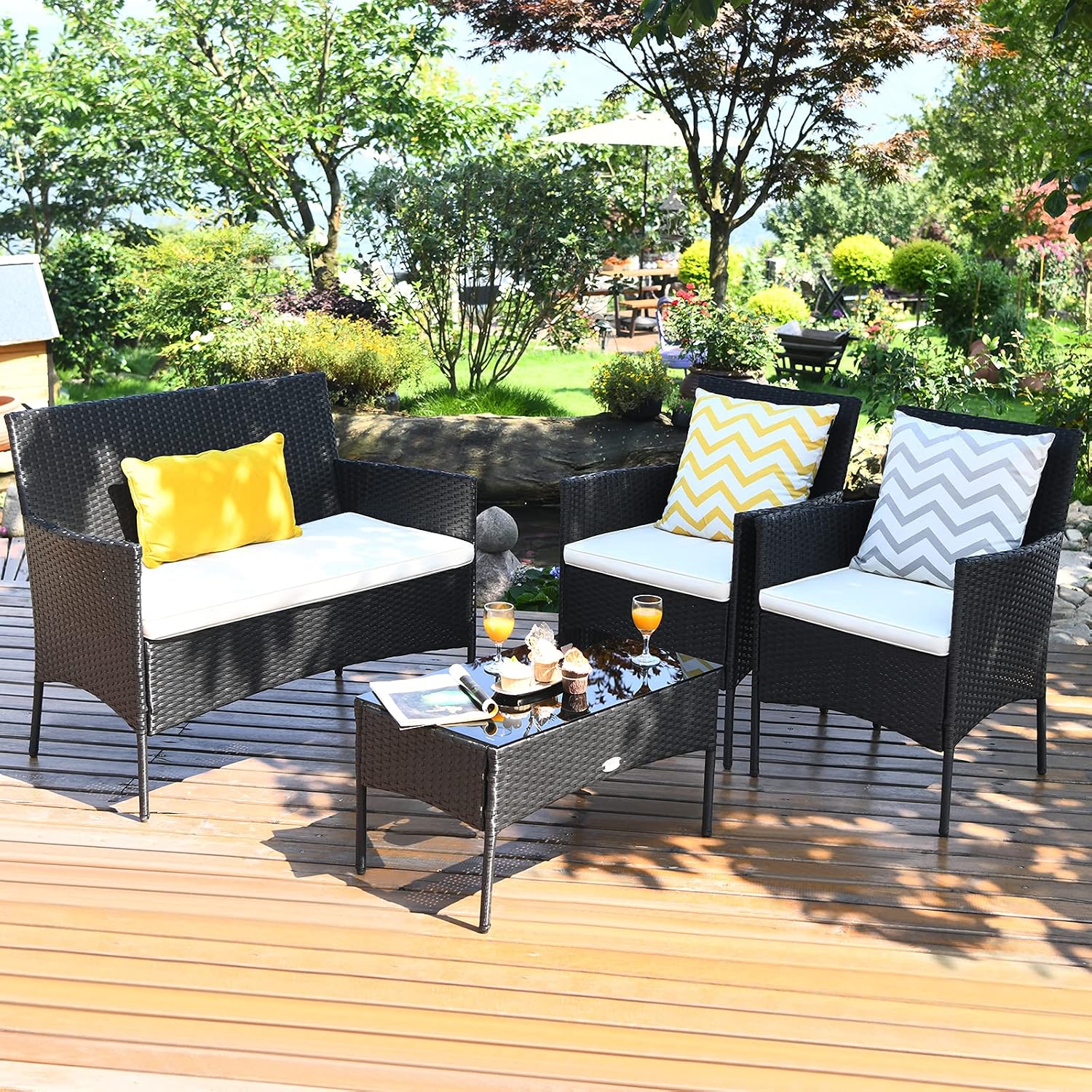 Tangkula 4 Piece Patio Furniture Set, Outdoor Wicker Conversation Set with Tempered Glass Coffee Table, Rattan Loveseat & Chairs Set with Seat Cushions for Backyard, Garden, Poolside (1, Beige)
