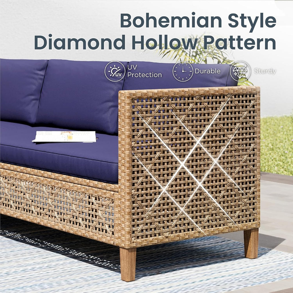 PHI VILLA Wicker Patio Furniture Set, Outdoor Sectional Couch with Cushions and Acacia Wood Coffee Table, U-Shaped Patio Conversation Set for Deck or Porch, 6 Seats, Navy Blue
