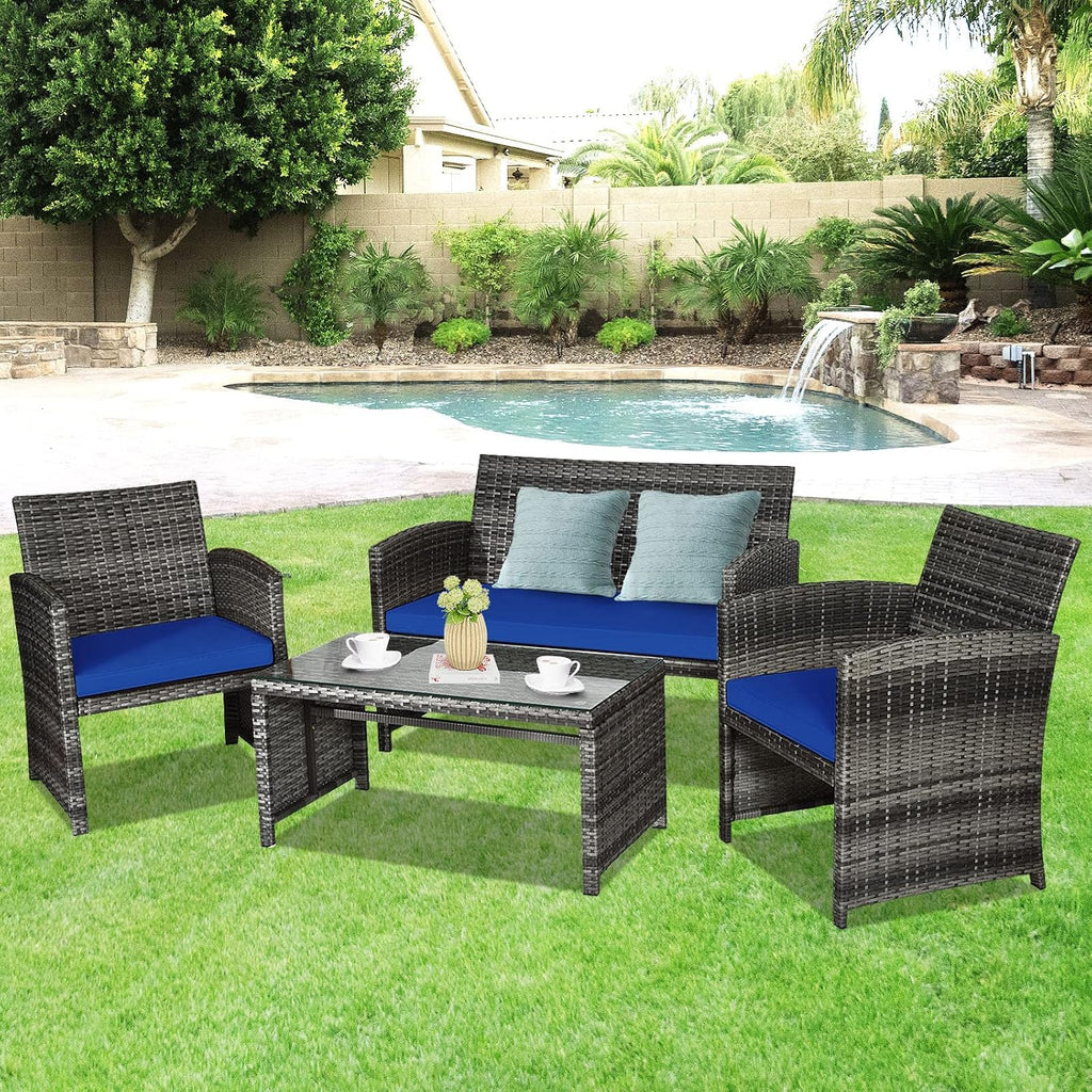 Giantex 4 Pc Patio Conversation Set, Rattan Loveseat & Patio Chairs with Cushioned Seat, Wicker Coffee Table, Outdoor Furniture Set for Front Porch Poolside Garden Lawn