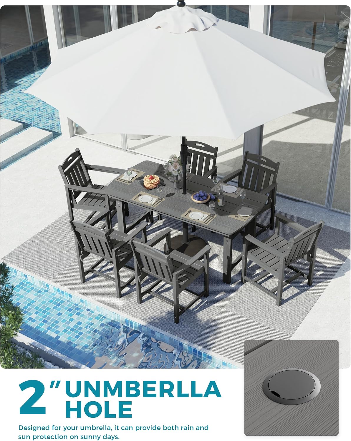 Ciokea HDPE Outdoor Dining Set, 7-Piece Patio Table and Chairs Set with Umbrella Hole, All-Weather Patio Dining Sets for 6, Durable Patio Furniture for Backyard, Garden, Lawn & Poolside, Grey