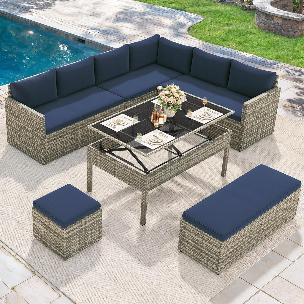 YITAHOME 6-Piece Outdoor Sectional Sofa Set, All-Weather Wicker Patio Conversation Furniture with Lift-Top Dining Table & Ottoman, Navy Blue