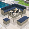 YITAHOME 6-Piece Outdoor Sectional Sofa Set, All-Weather Wicker Patio Conversation Furniture with Lift-Top Dining Table & Ottoman, Navy Blue