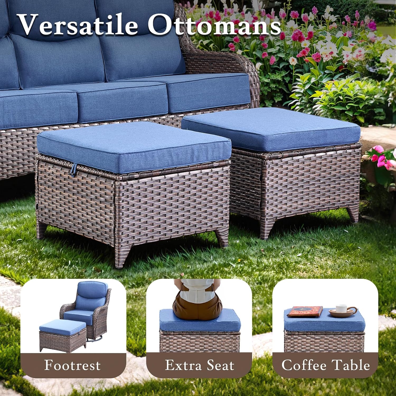 Luxury Outdoor Furniture Set with 6-Inch Thick Cushion, High Back Swivel Patio Chairs with Ottoman & Side Table, Outdoor Wicker Swivel Bistro Set for Porch, Yard, Deck, Poolside, Brown/Blue