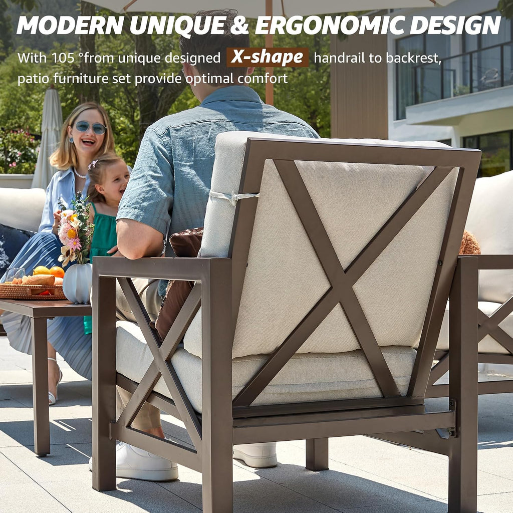NATURAL EXPRESSIONS 4 Pieces Patio Furniture Sets,Outdoor Sectional Metal Furniture Conversation Set with Loveseat Chair,2 Single Chairs 1 Metal Table,6.5' Beige Cushions for Yard,Garden