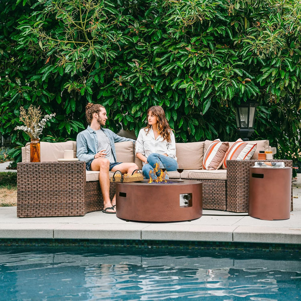 SUNSITT 8 Piece Patio Furniture Set with Propane Fire Pit Halfmoon Outdoor Round Sectional Sofa with 36' Bronze Gas Fire Table & Tank Holder, Brown Rattan