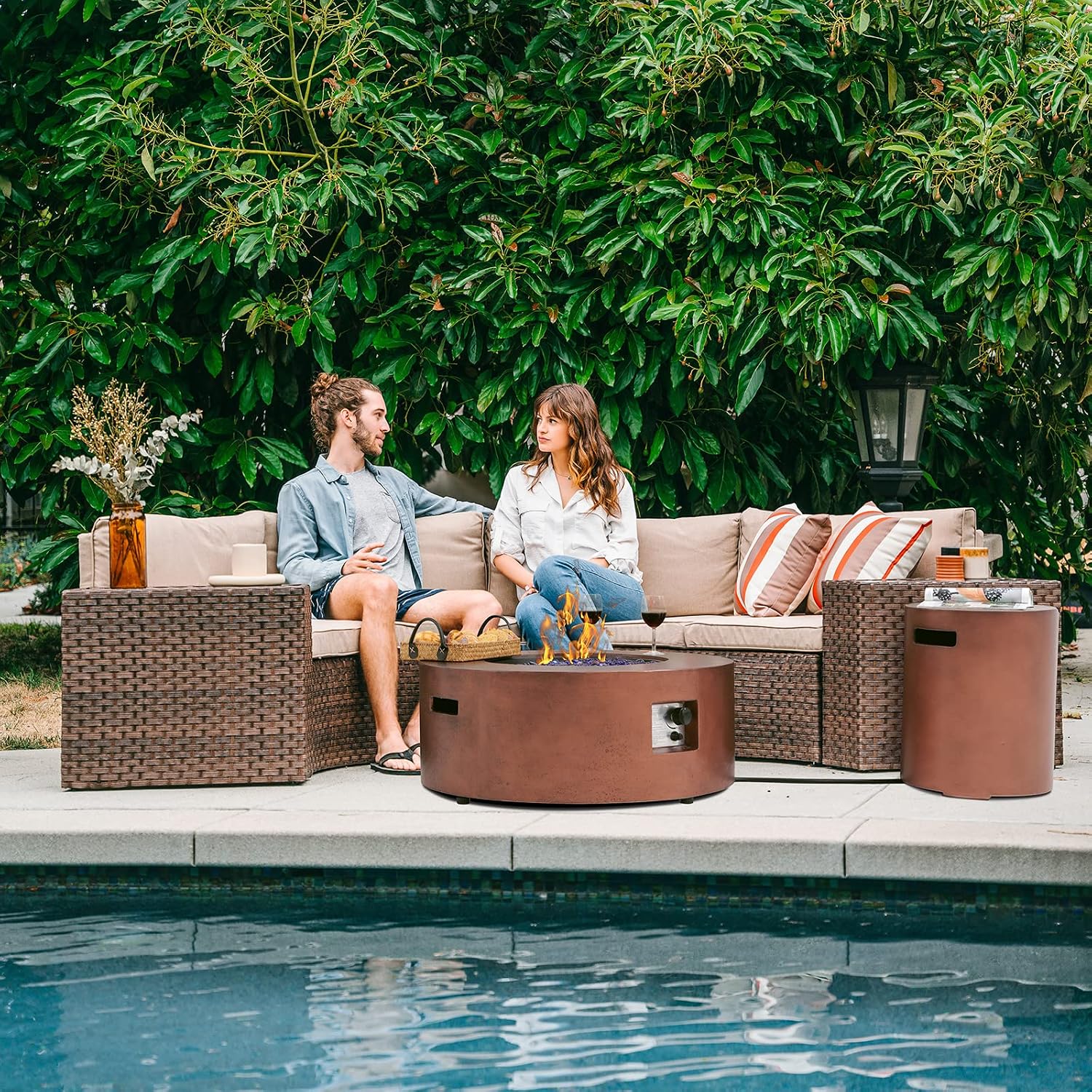 SUNSITT 8 Piece Patio Furniture Set with Propane Fire Pit Halfmoon Outdoor Round Sectional Sofa with 36' Bronze Gas Fire Table & Tank Holder, Brown Rattan