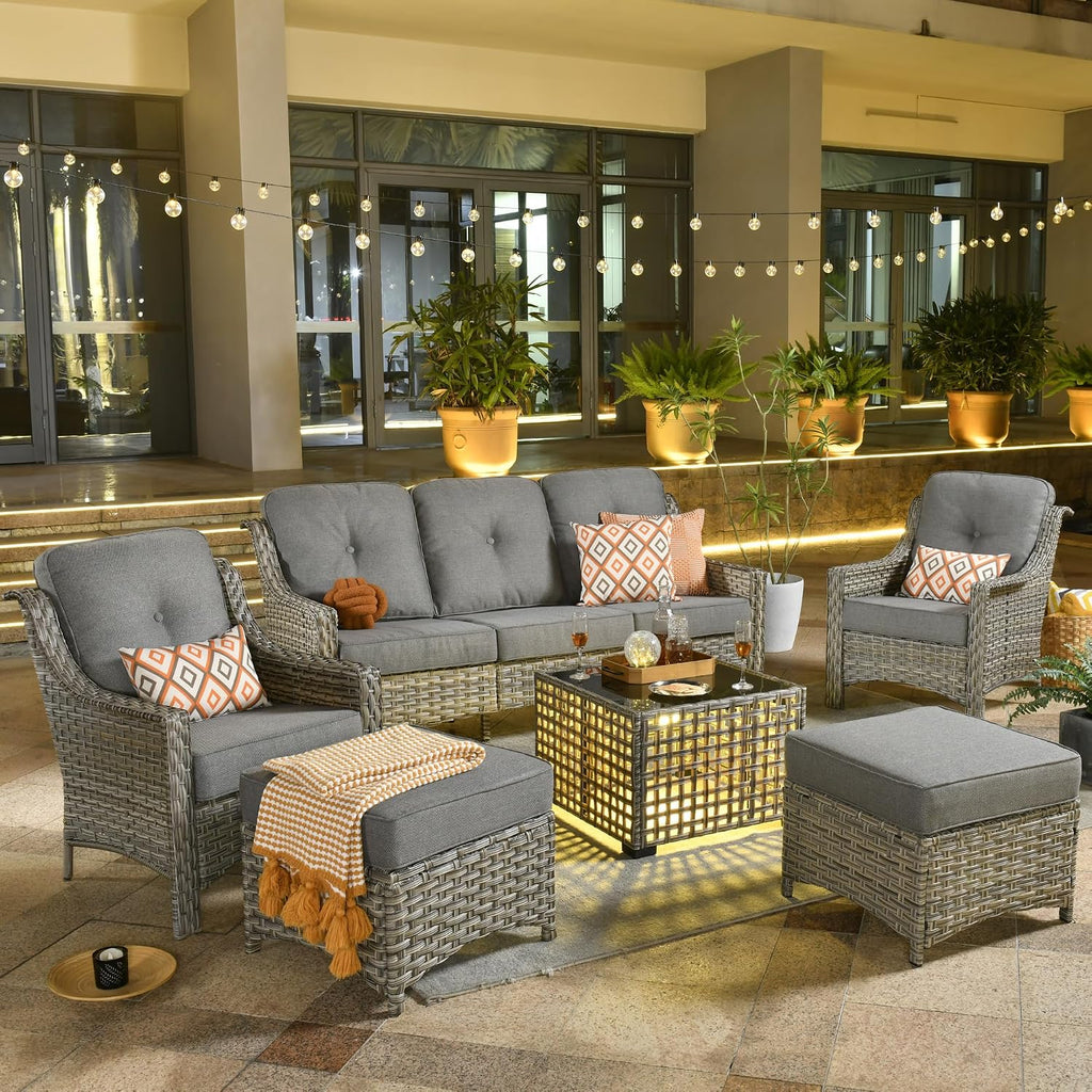 ovios 6 Piece Outdoor Patio Furniture with 3 Seat Sofa,Rattan Wicker Coversation Set with High Back,Sectional Single Sofa with Ottoman for Outside Porch Balcony Backyard Pool, Dark Grey