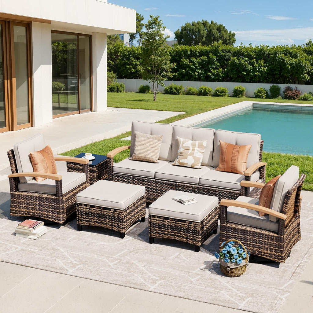 MEISSALIVVE 6 Pieces Patio Furniture Sets,Wicker Patio Conversation Sets with 2 Wood Armrests Swivel Glide Chairs, 2 Ottomans for Deck Yard and Poolside (Beige)