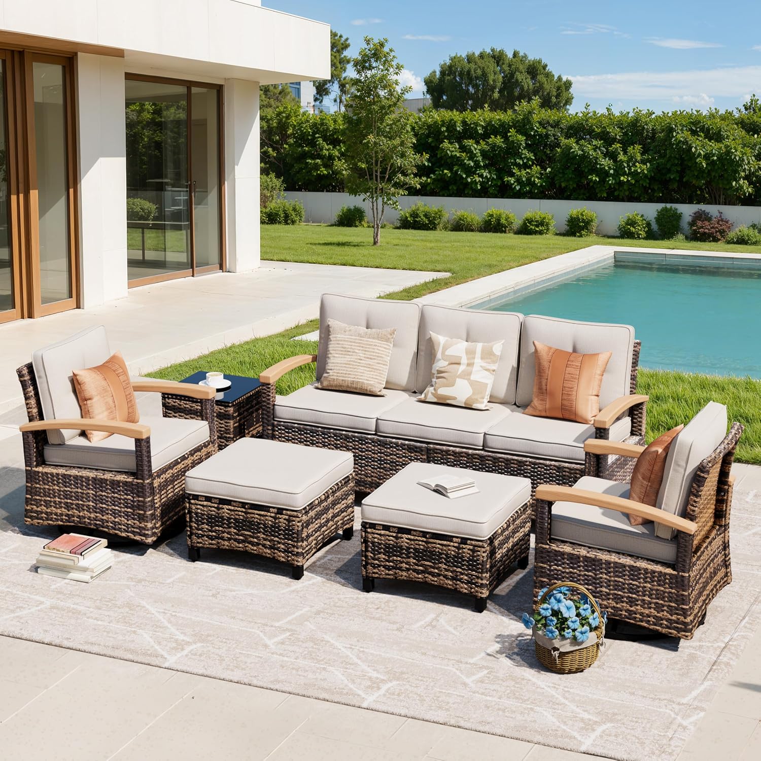 MEISSALIVVE 6 Pieces Patio Furniture Sets,Wicker Patio Conversation Sets with 2 Wood Armrests Swivel Glide Chairs, 2 Ottomans for Deck Yard and Poolside (Beige)