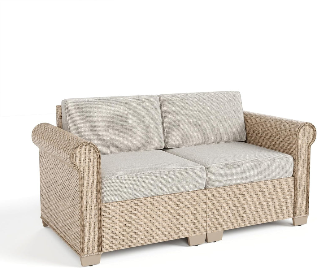 SUNSHINE VALLEY Patio Rattan loveseat, 2-Seat Wicker Rattan Sofa with 5.5' Thick Waterproof Cushions, All Weather Outdoor Conversation Set for Lawn Backyard Garden and Deck, Beige