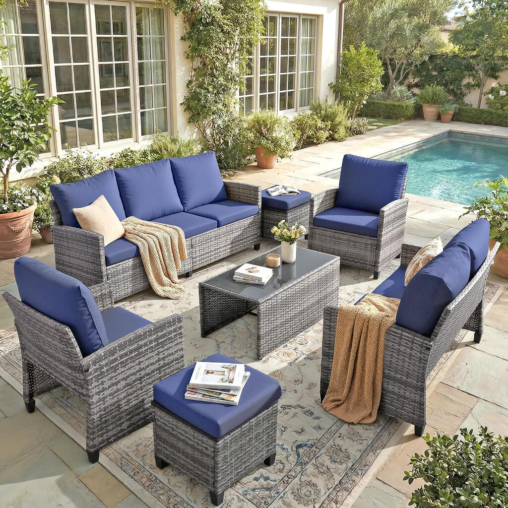 FHFO 7 Piece Patio Furniture Set, Outdoor Sectional Furniture Wicker Conversation Sofa Set, Includes 3-Seater Sofa, Loveseat, Single Sofa, Tempered Glass Coffee Table, Ottoman (Grey/Blue)