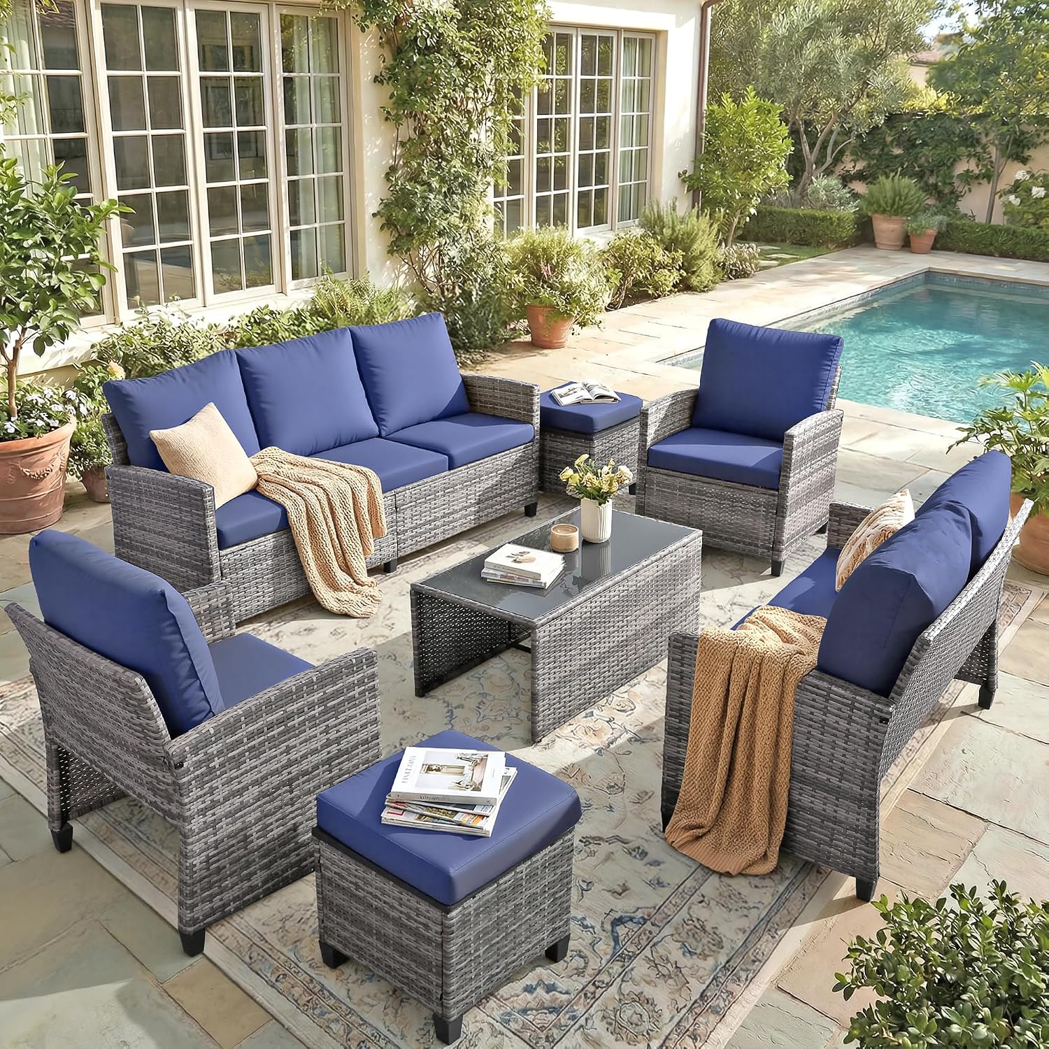 FHFO 7 Piece Patio Furniture Set, Outdoor Sectional Furniture Wicker Conversation Sofa Set, Includes 3-Seater Sofa, Loveseat, Single Sofa, Tempered Glass Coffee Table, Ottoman (Grey/Blue)