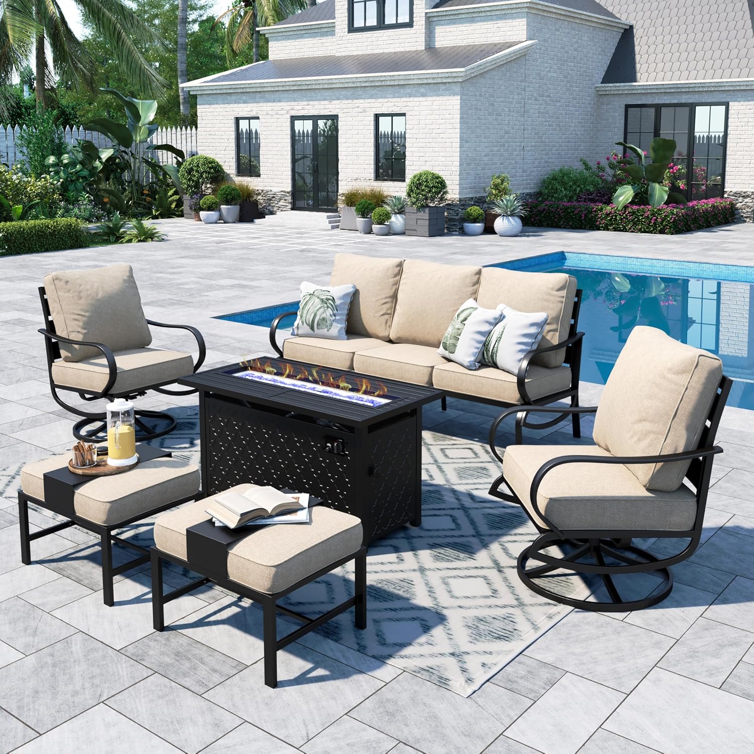 Sophia & William Patio Furniture Sets for 7 with 45' Gas Fire Pit Table Outdoor Conversation Sets 6 Pcs, 2 x Swivel Cushioned Sofa Chairs, 1x3-Seat Sofa, 2xOttomans for Backyard Poolside Beige
