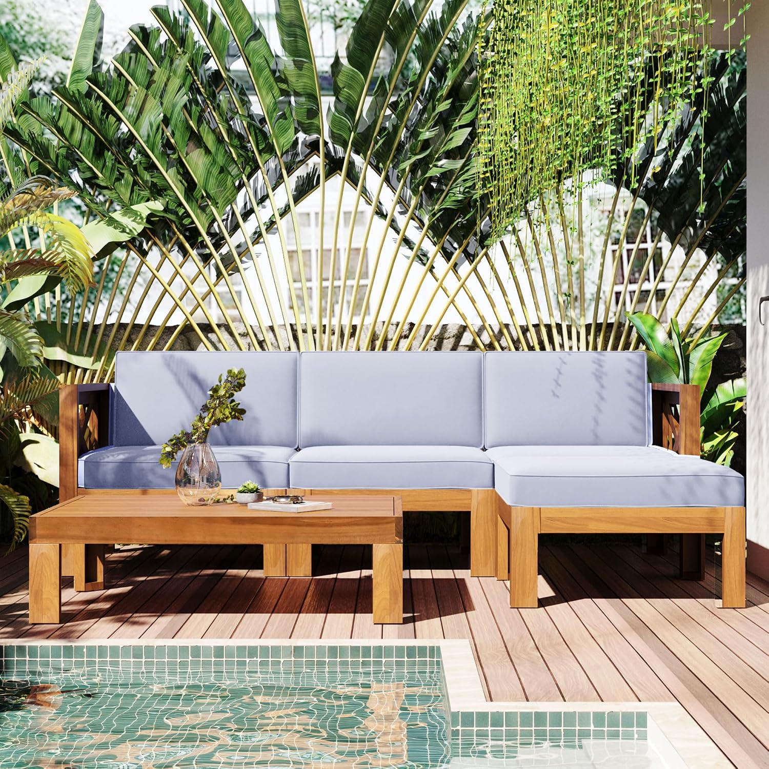 Merax Patio Furniture Sets 5 Pieces, Solid Wood Sectional Sofa Seating Group with Soft Cushions, for Backyard and Garden, Grey