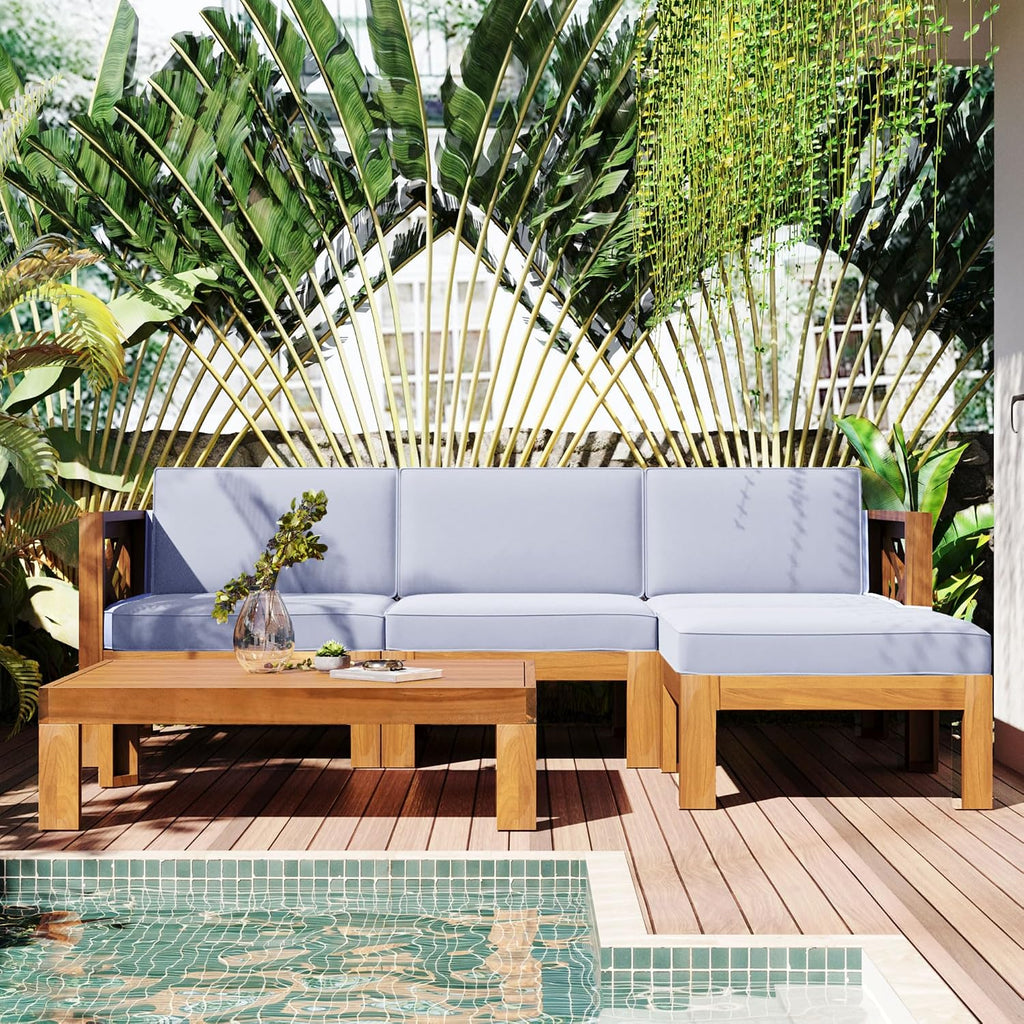 Upgrade Acacia Wood Outdoor Patio Sectional Sofa Set, 5-Piece All-Weather Conversation Sofa Set with Cushions and Side Coffee Table for Balcony Garden Backyard Poolside