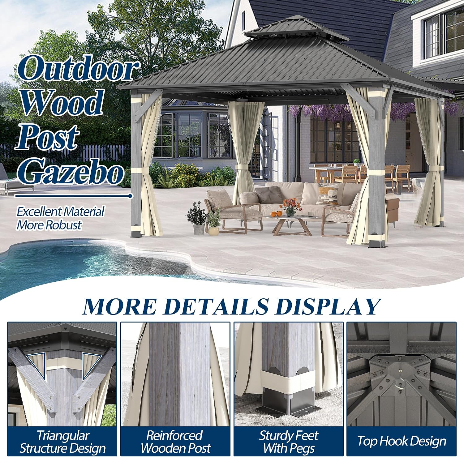 COVERONICS 12'x12' Outdoor Wood Gazebo - Hardtop Wooden Gazebo with Galvanized Steel Roof, Heavy-Duty Pavilion with Netting & Curtains for Garden, Poolside, Deck, Backyard