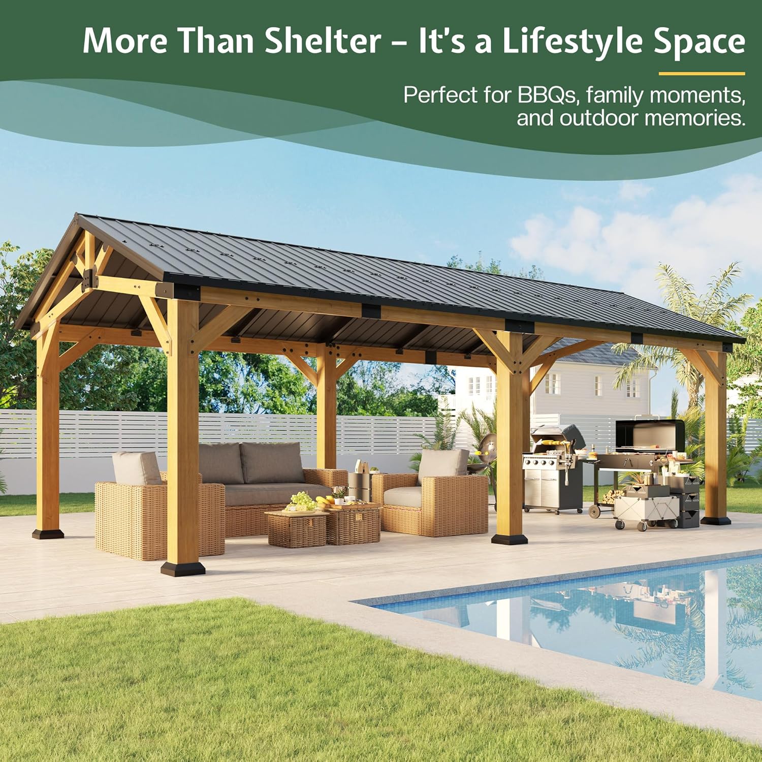 Jocisland 12x24x9.5 FT Cedar Wood Hardtop Carport with Galvanized Steel Roof, Waterproof Outdoor Gazebo Pavilion, Heavy-Duty Snow & Wind Resistant Canopy for Patio, Driveway, Garden