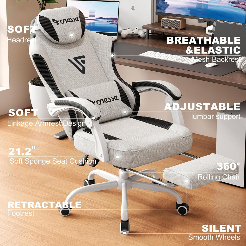 Vonesse Office Chair, Gaming Chair with Linen Breathable Mesh Fabric, Desk Chair with Adjustable Lumbar Support, Executive Computer Chairs with Footrest and Headrest (Beige White)