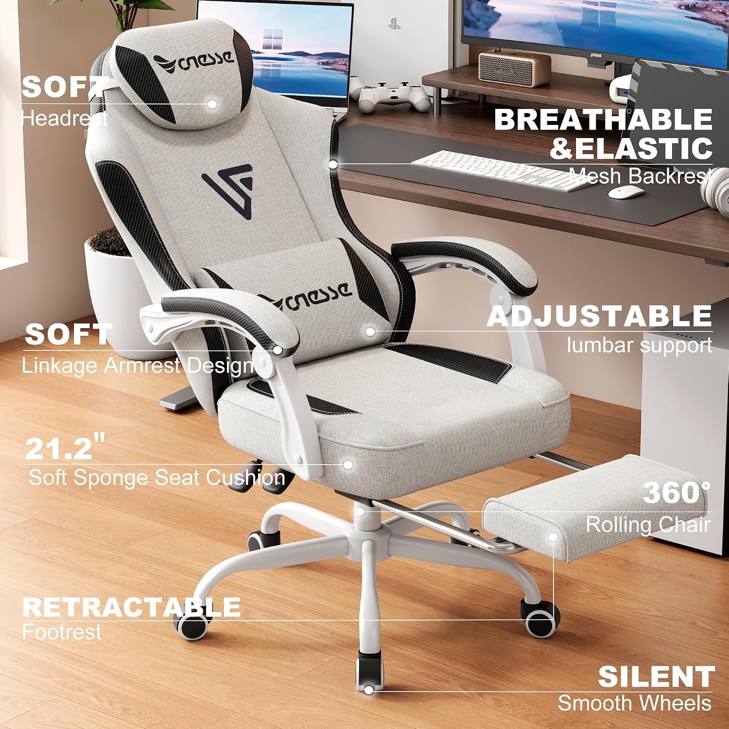Vonesse Office Chair, Gaming Chair with Linen Breathable Mesh Fabric, Desk Chair with Adjustable Lumbar Support, Executive Computer Chairs with Footrest and Headrest (Beige White)