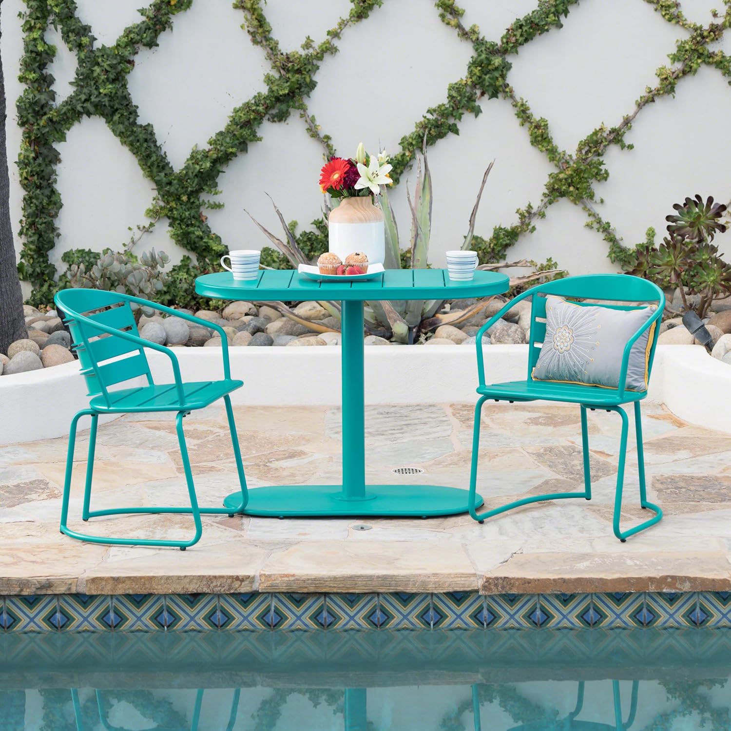 Christopher Knight Home Adley Outdoor Bistro Set, 3-Piece Bistro Table and Chair Set of 2, Patio Furniture Set with Iron Frame, Outdoor Metal Bistro Dining Set, Poolside/Garden Cafeteria, Teal